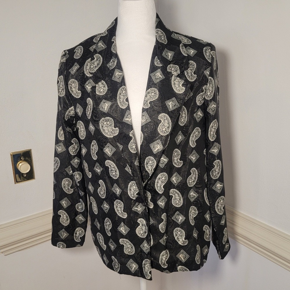 Vintage Chelsea Ltd Paisley Jacquard Blazer Jacket Black Made In USA Womens 12 - Picture 3 of 10